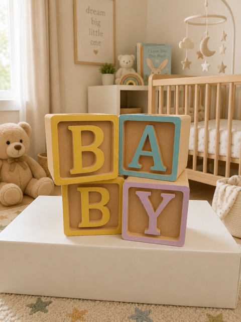 Retro pastel wooden baby alphabet blocks spelling BABY in yellow, mint and lilac, displayed in a nursery setting