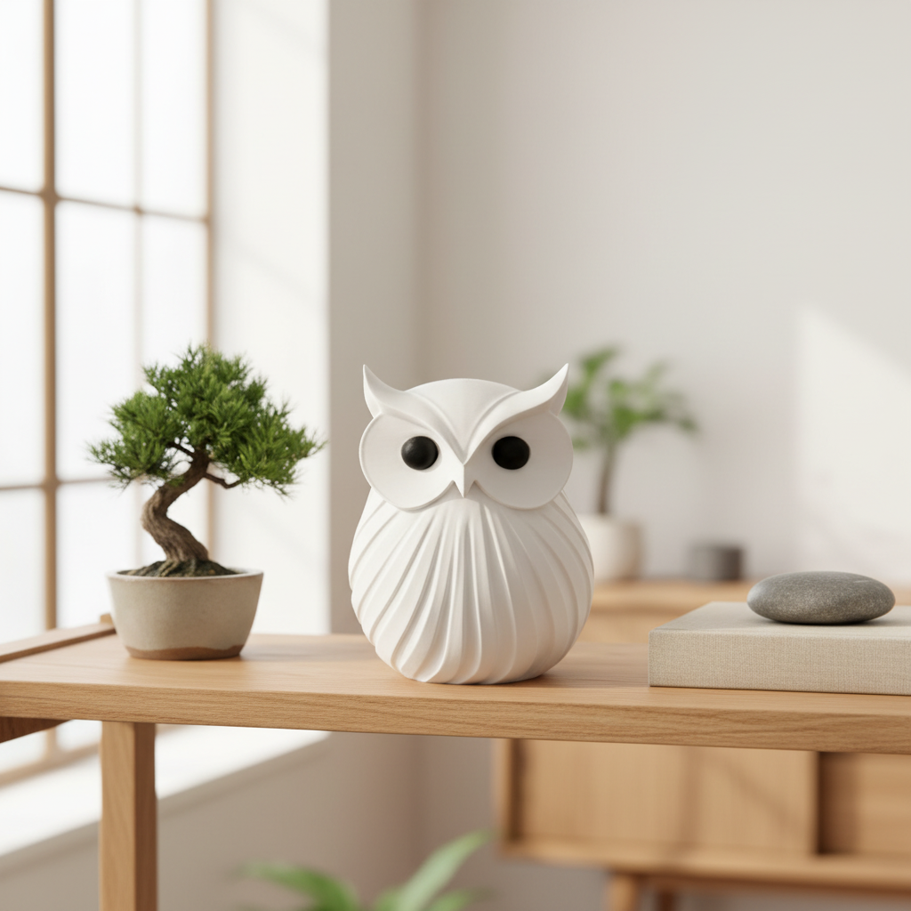 Japandi Owl Ornament - lifestyle shot on oak shelf with Japandi accessories