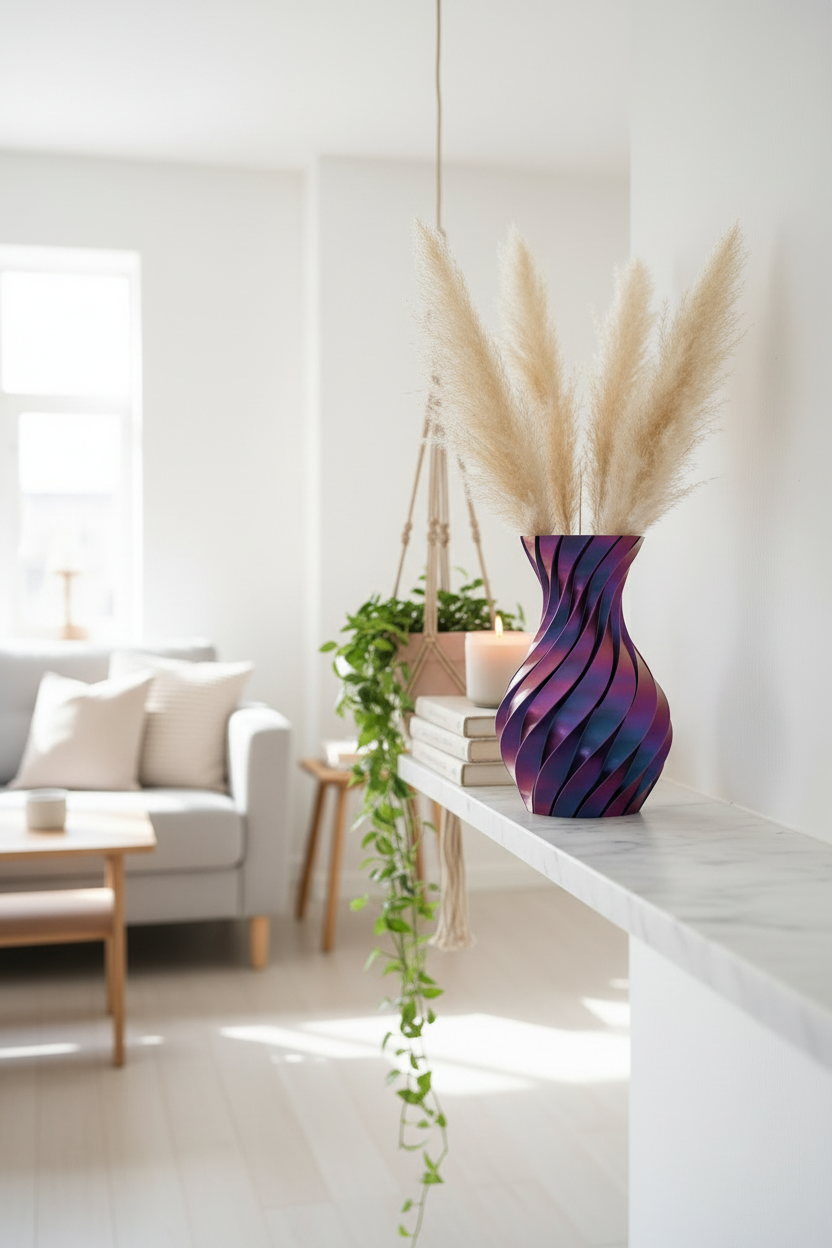 Spiral Silk 3D Printed Vase in a cosy home setting